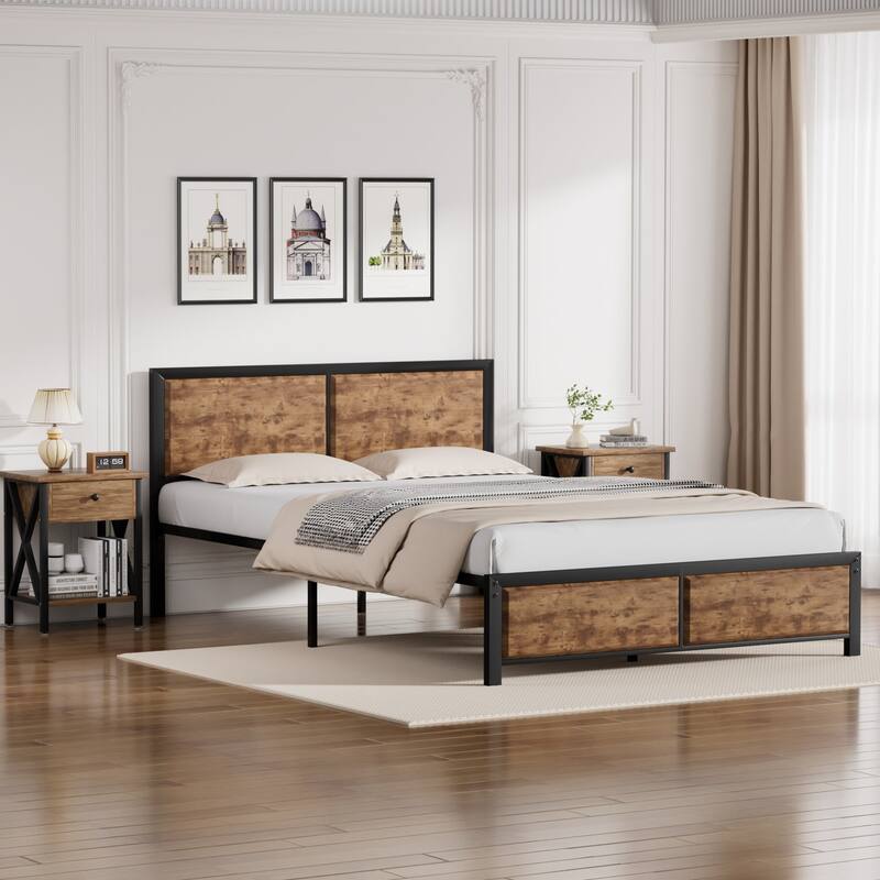 VECELO 3-Pieces Bedroom Sets, Platform Bed with Headboard and Set of 2 Nightstands