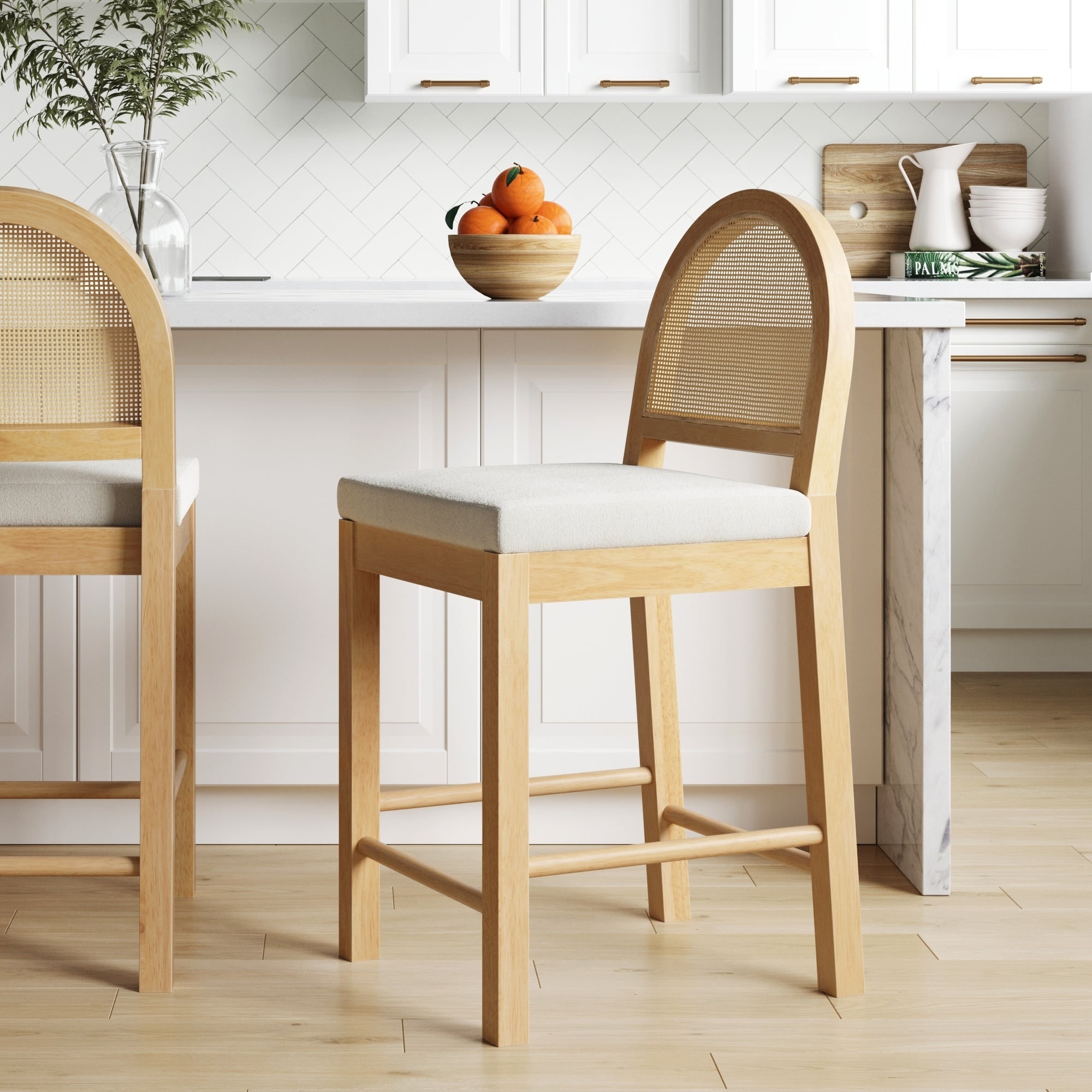 Bailey Boucle Upholstered Rattan Bar Stool or Counter Height Stool with Natural Rattan Woven Back For Kitchen Island