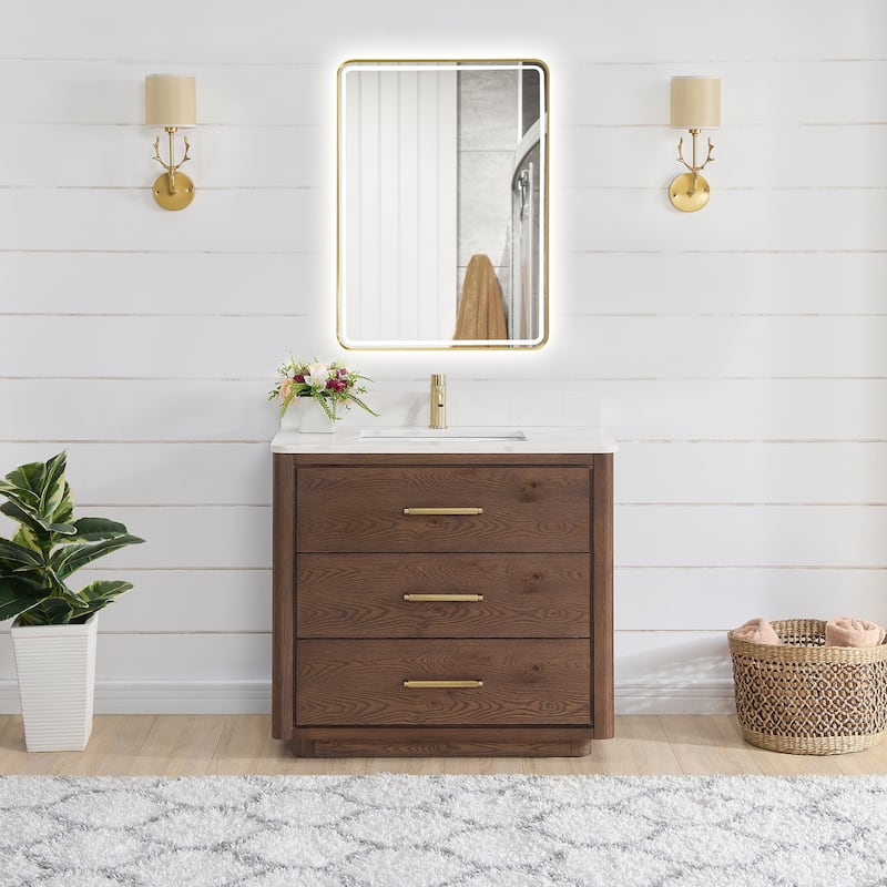 Porto Bath Vanity with White Quartz Stone Top and Mirror