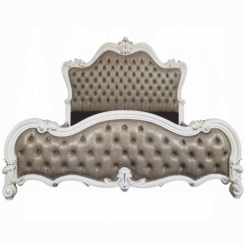 Sicily California King Bed, Classic Carved, Tufted Gray Faux Leather