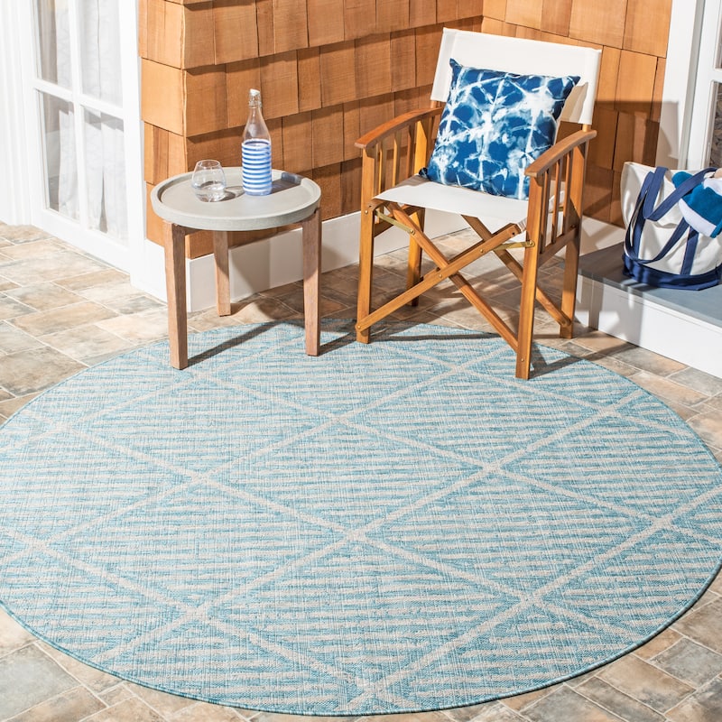 SAFAVIEH Courtyard Bertine Indoor/ Outdoor Waterproof Patio Backyard Rug - 6'7" Round - Aqua/Grey