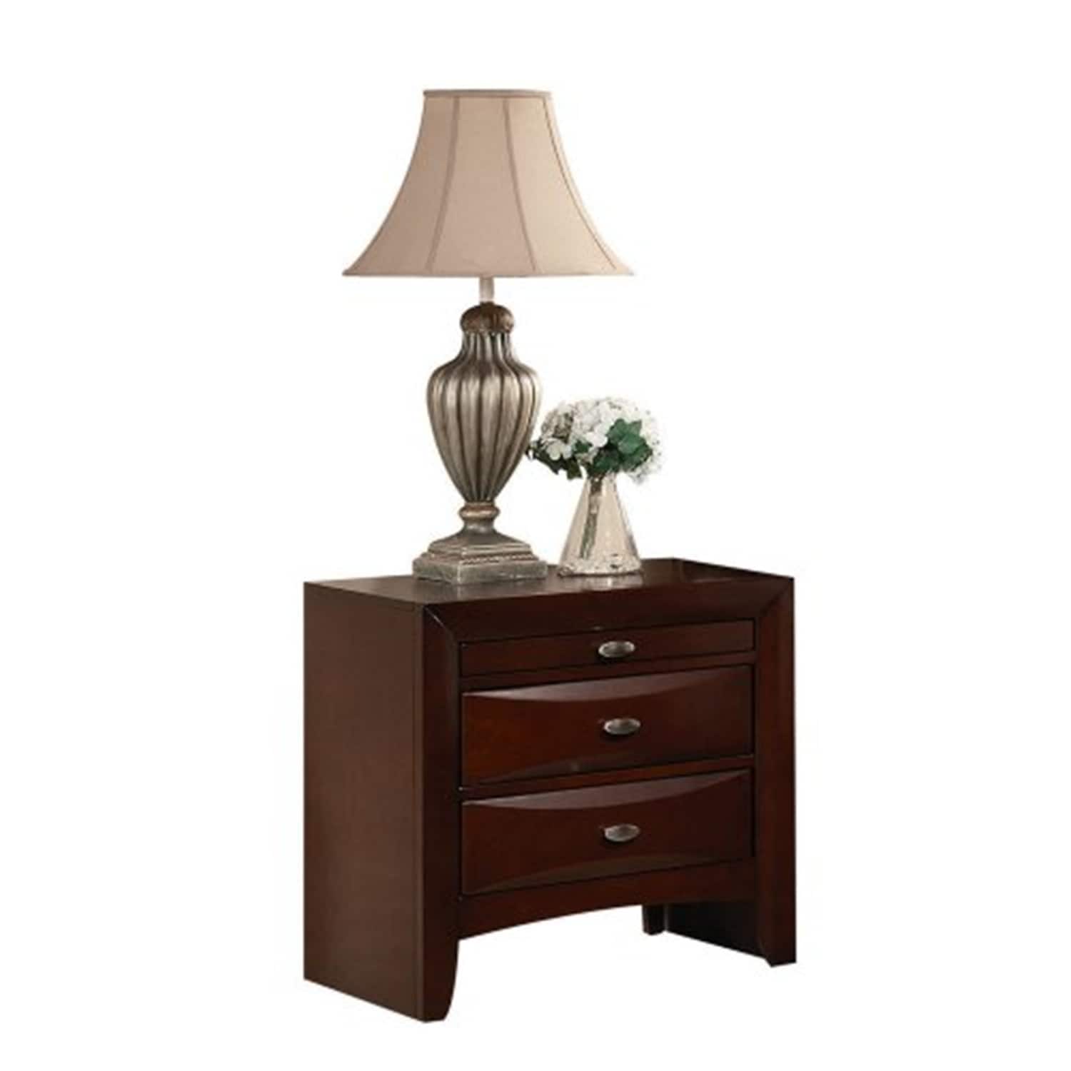 Contemporary Espresso 2-Drawer Nightstand with Pull-Out Tray and Beveled Drawer Fronts