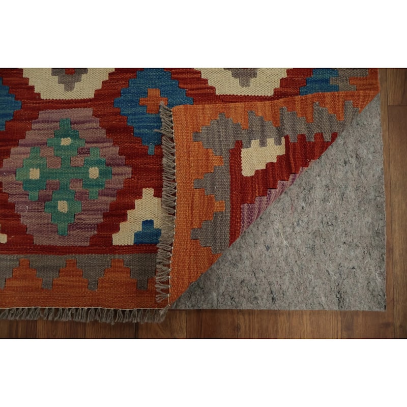 Hand Woven Oriental 100% Wool Carpet Southwestern Geometric Oranges & Rust Kilim Runner Rug - 9' 4'' X 2' 5''
