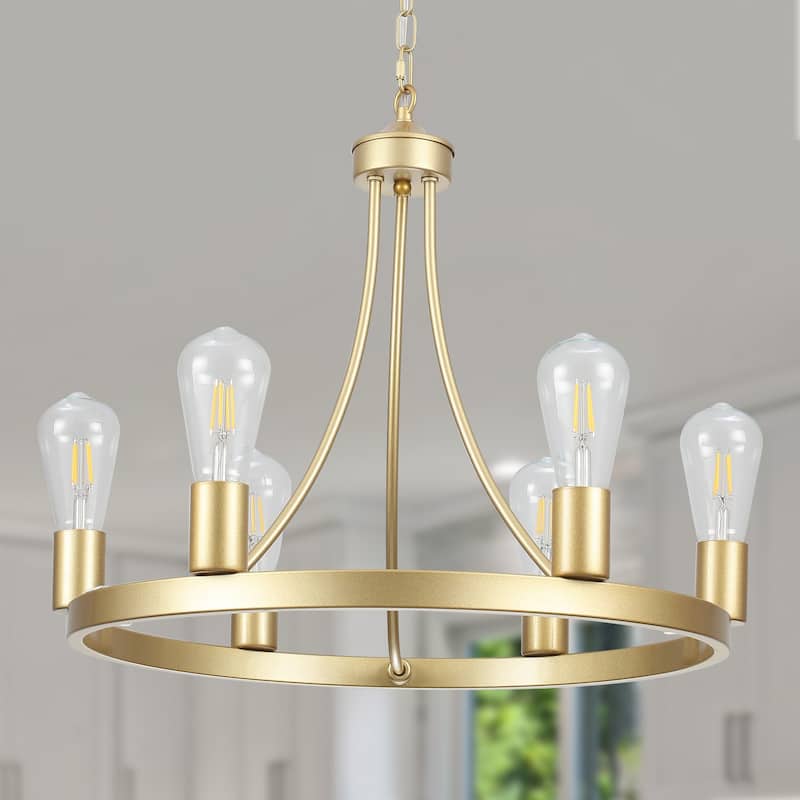 6-Light Farmhouse Metal Round Wagon Wheel Chandelier for Dining Room Living Room Bedroom Kitchen - 19.68'' D x 16.14'' H - Spray Gold