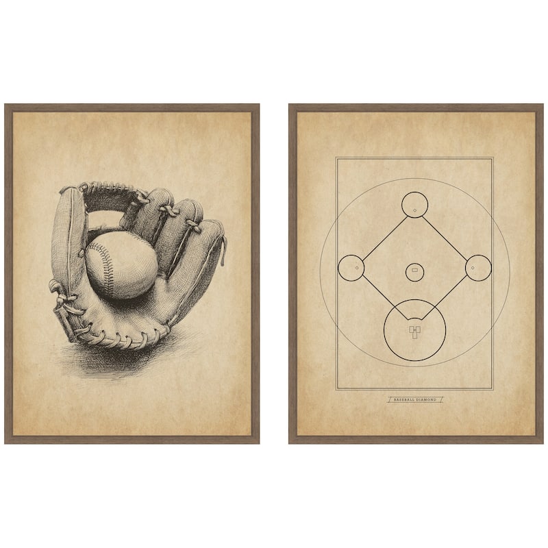 Kate and Laurel Walnut Antique Baseball 2 Piece Framed Canvas Wall Art Set by The Creative Bunch Studio - 2 Piece Set 18x24 - Walnut