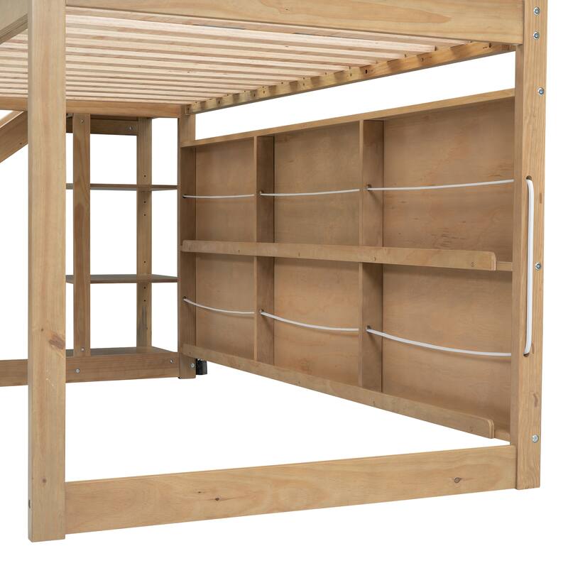 Twin Size Wood Loft Bed with Slide, Storage Shelves, and Climbing Ramp
