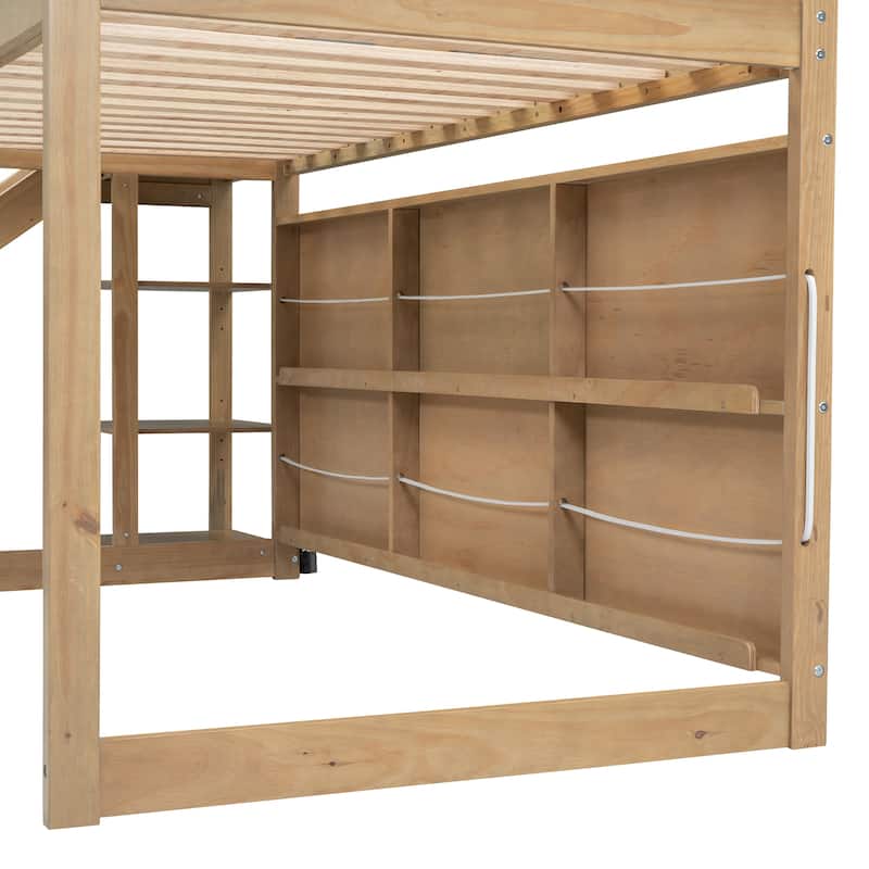 Wood Twin House Loft Bed with Slide & Storage Shelves