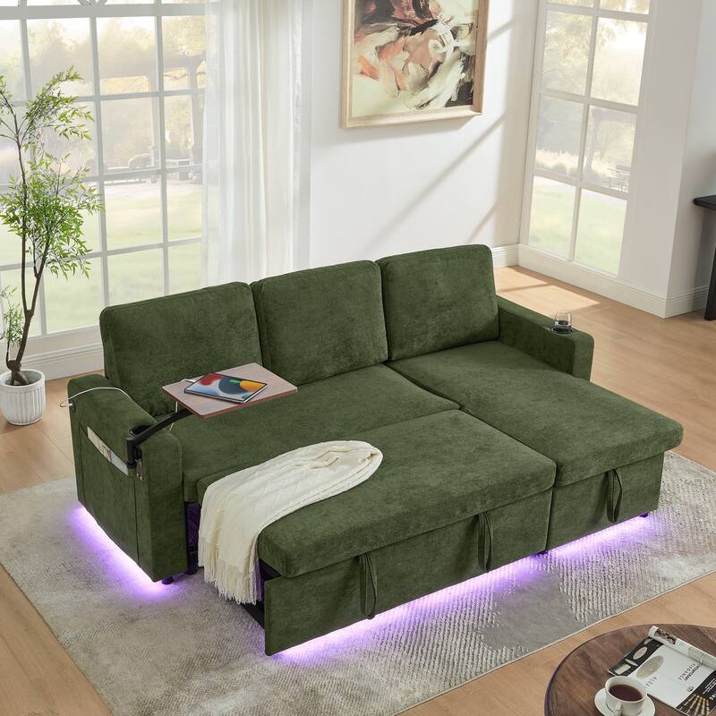 Modern Chenille Multi-functional Pull-Out Bed Sofa with Retractable Table and LED Lighting