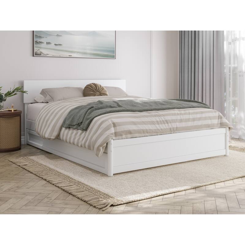 Wesley Platform Bed with Panel Footboard and Twin XL Trundle - White - Queen