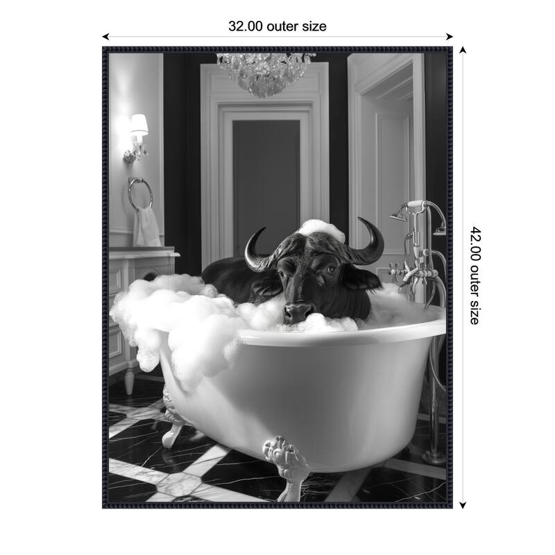 Curious Buffalo In the Tub by Niky Rahner Framed Canvas Wall Art - 32 x 42 in