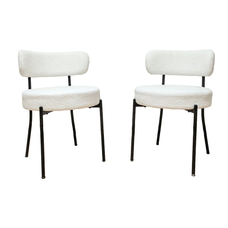 Mid-Century Modern Boucle Dining Chair - White Upholstered Curved Backrest with Black Metal Legs