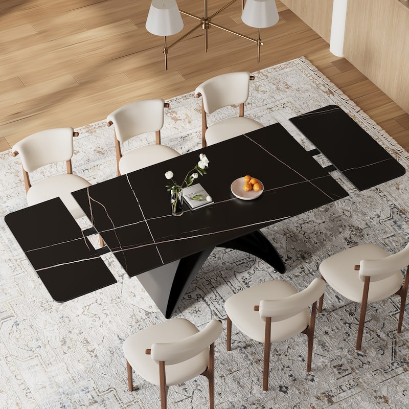63-95"Extendable Modern Dining Table for 6-10, Black Sintered Stone Tabletop