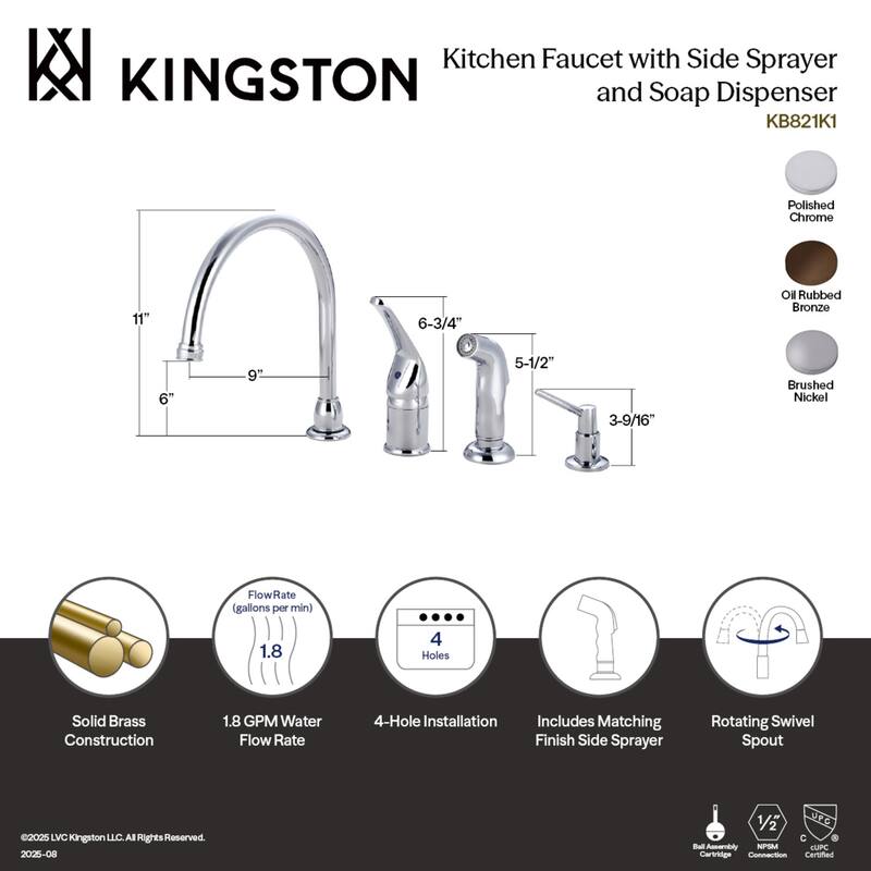 Kingston Brass Chatham Deck Mount Widespread Kitchen Faucet with Sprayer and Soap Dispenser