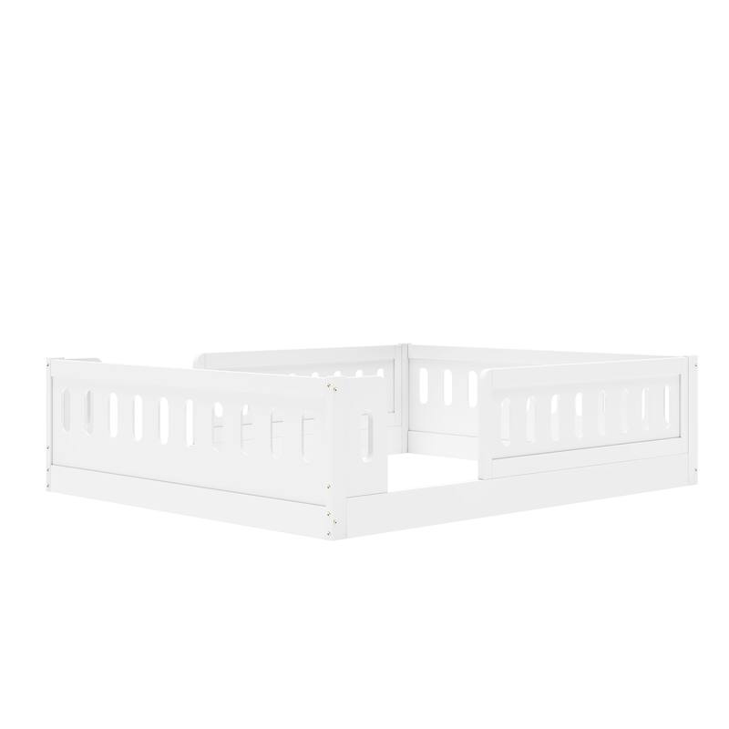 Kids Wood Floor Bed with Semi-Enclosed Guardrail and No-Slat Design