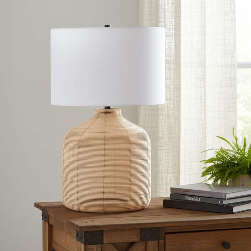 27" Coastal Rattan Table Lamp with Linen White Drum Shade and Included 72" Cord for Bedroom or Living Room