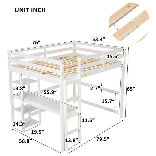 dimension image slide 1 of 3, Full Size Loft Bed with Build-in Study Desk and Shelf, Solid Color