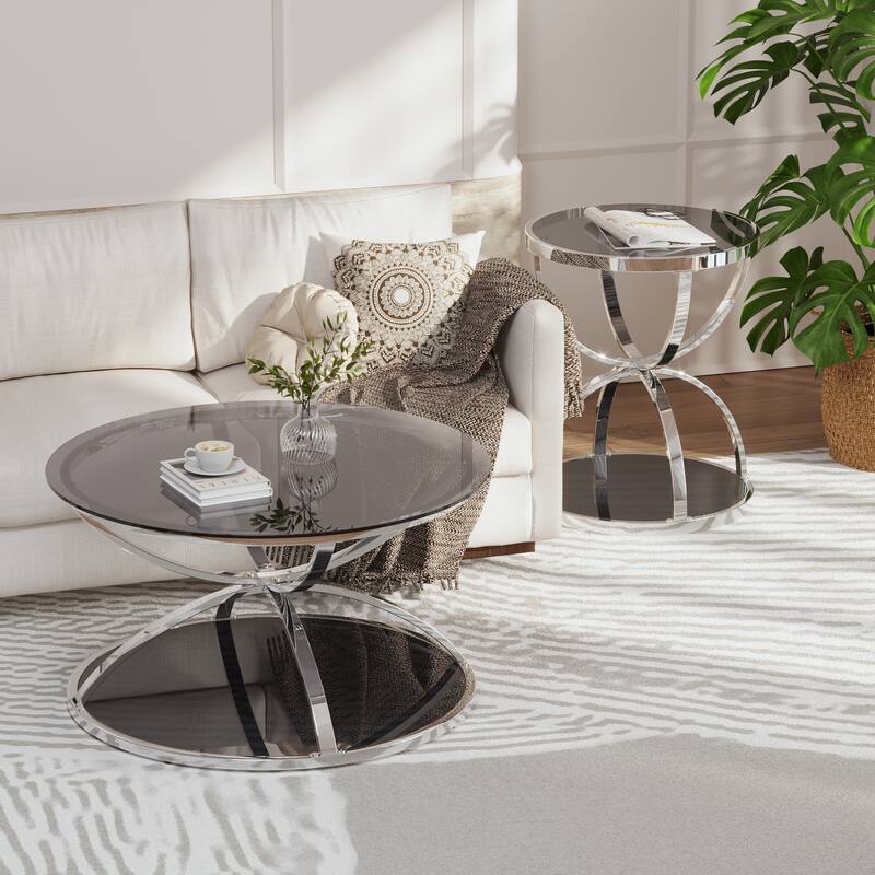 Modern 2 Tiers Glass Coffee Table with Ring-Shaped Metal Frames