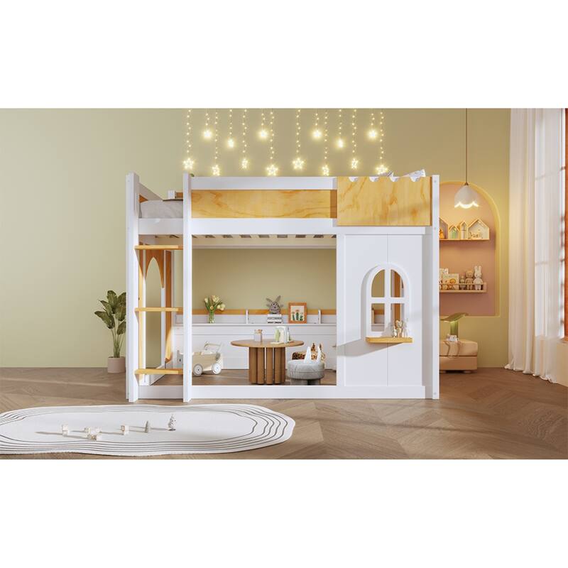 Roomfitters Twin Over Twin/Full Over Full Bunk Bed with Window, Two Doors and Storage Shelves, Natural and White