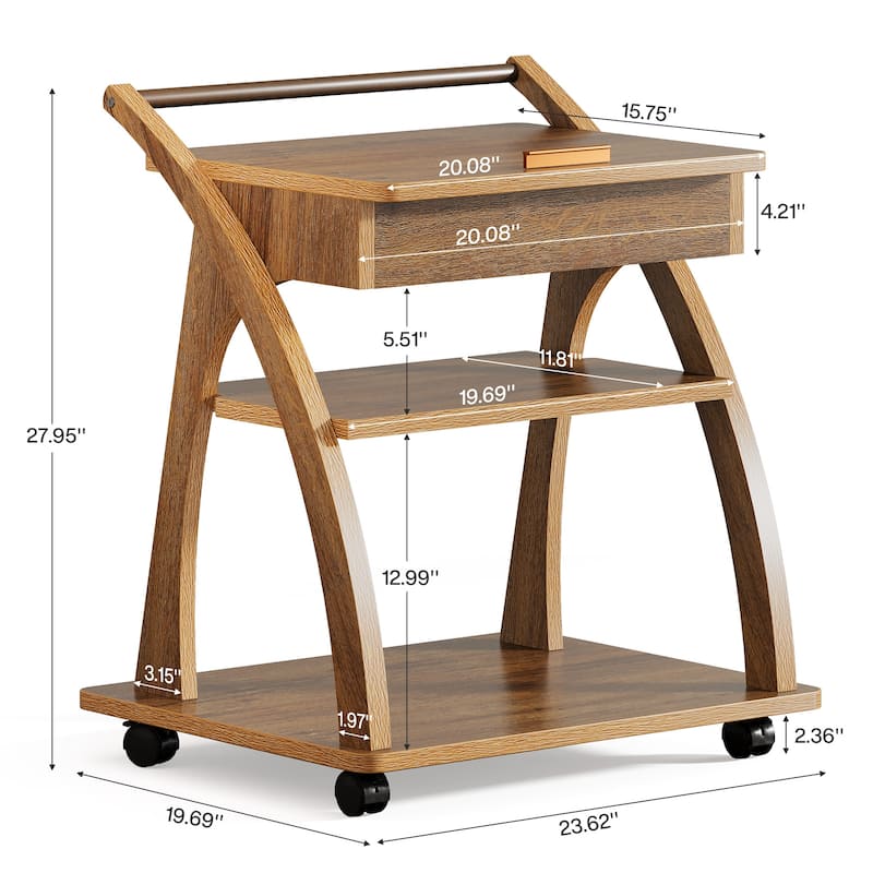 3-Tier Rolling Side Table, Adjustable Tabletop End Table with 1 Drawer, TV Tray for Small Spaces, Living Room