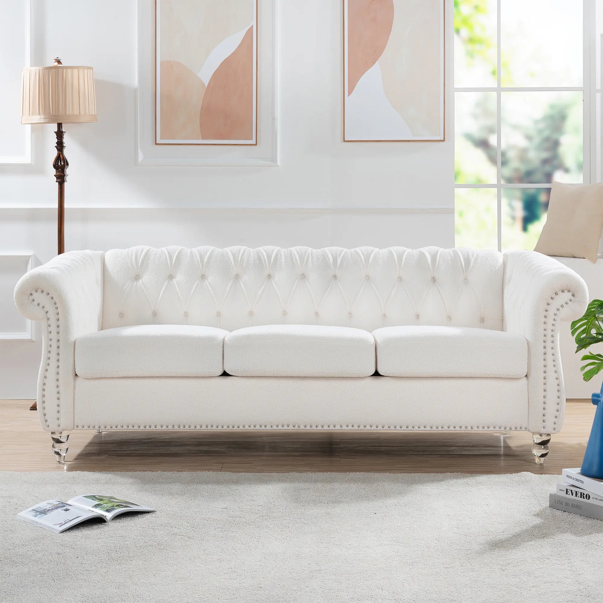 3-Seater Chesterfield Sofa Fabric with Rolled Arms and Sturdy Frame W