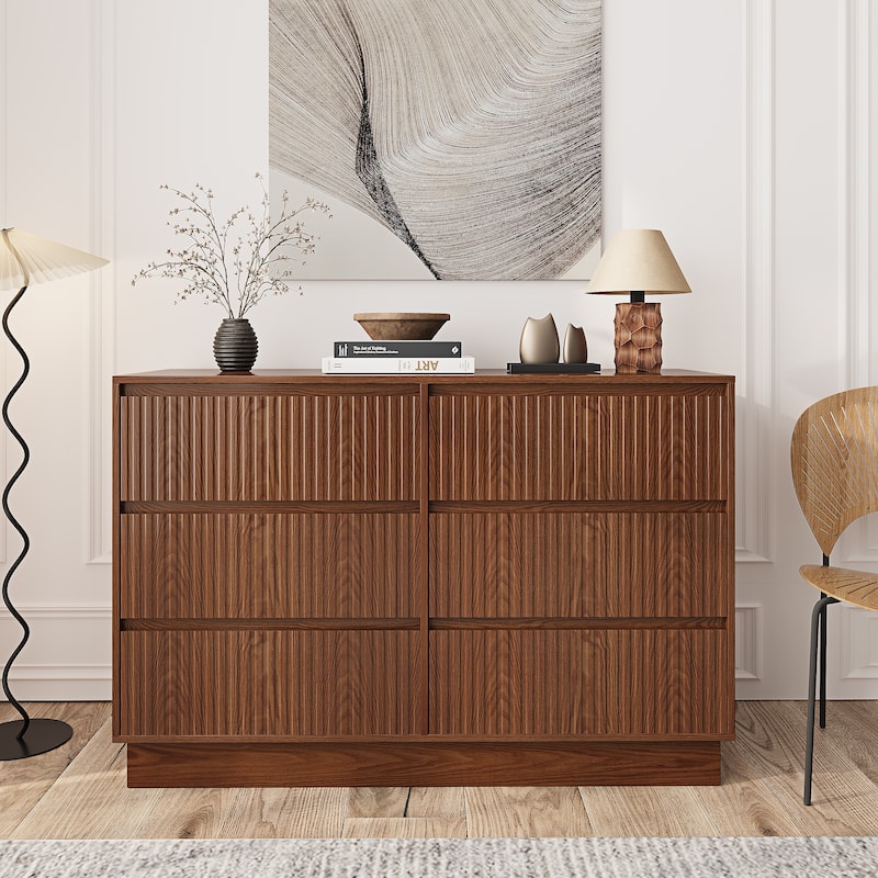 6 Drawers 47.3'' W Double Dresser With Walnut Waveform Fluted Panel Versatile Storage