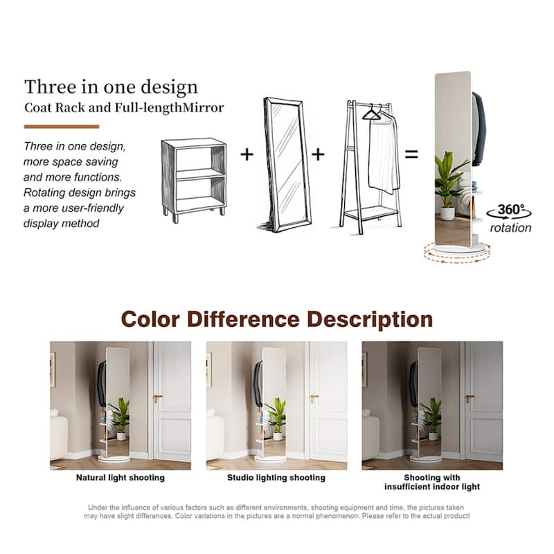 360 Rotating Multifunctional Full Length Mirror with Hook Storage Rack Coat Rack