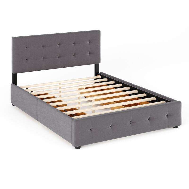 Upholstered Platform Bed with Classic Headboard and 4 Drawers, No Box Spring Needed, Linen Fabric, Queen Size