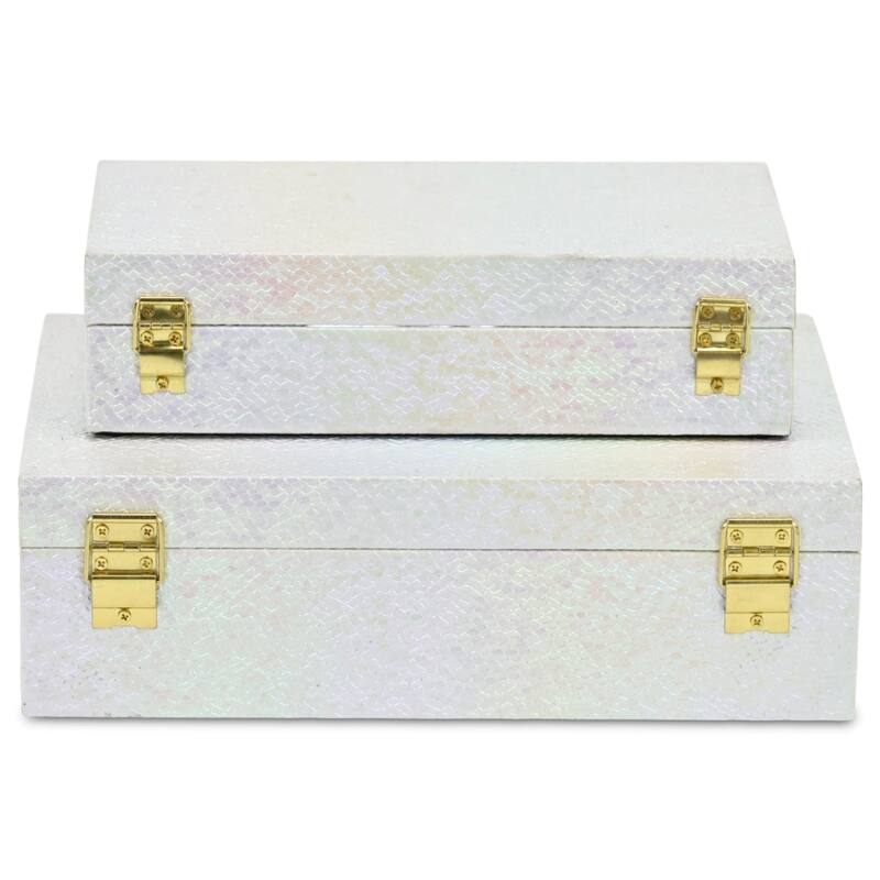 Nimue Set of 2 Rectangular Decorative Storage Boxes - Prismatic Fish Scale Pattern with Gold Hardware