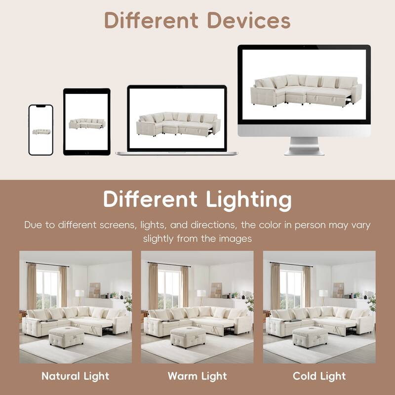 Tufted Chenille Sectional Sofa with Pull-out Bed, Flip-up Table Panel, Reading Lamp, Charging Ports, Storage Ottoman, 6 Pillows