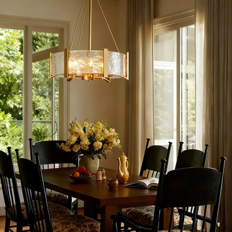 Mid-Century Modern 6-Light Gold Drum Chandelier Glass Pendant Light for Dining Room - 19.5"D x 26"H