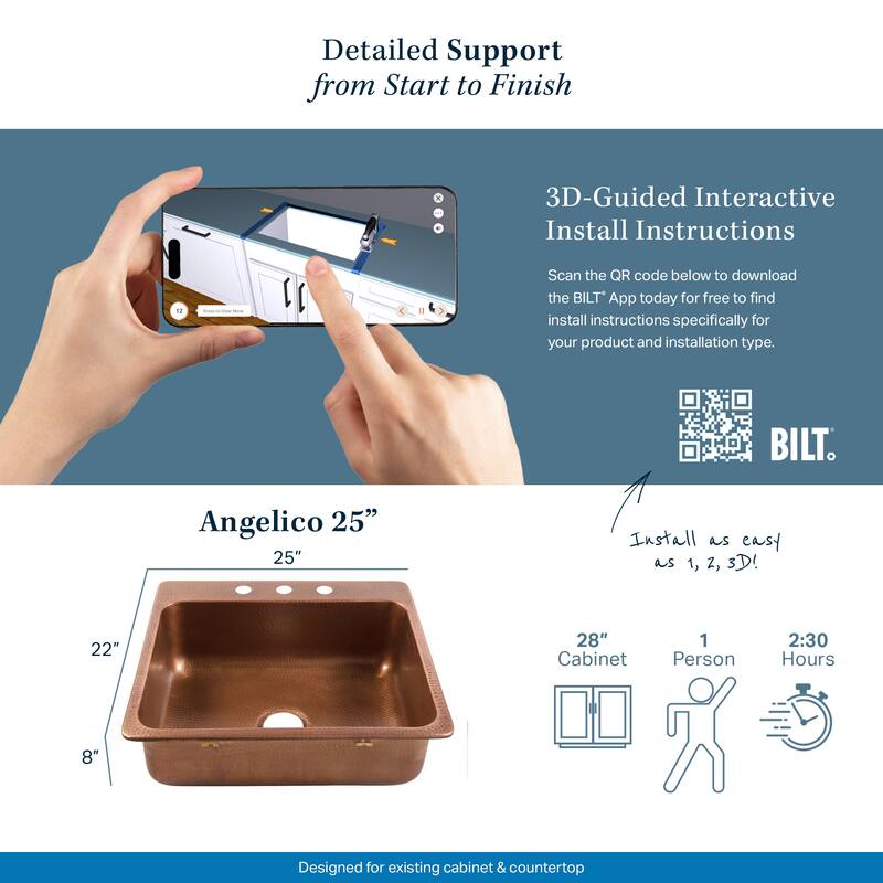 Angelico Copper 25" Single Bowl Drop-In Kitchen Sink with 4 Holes