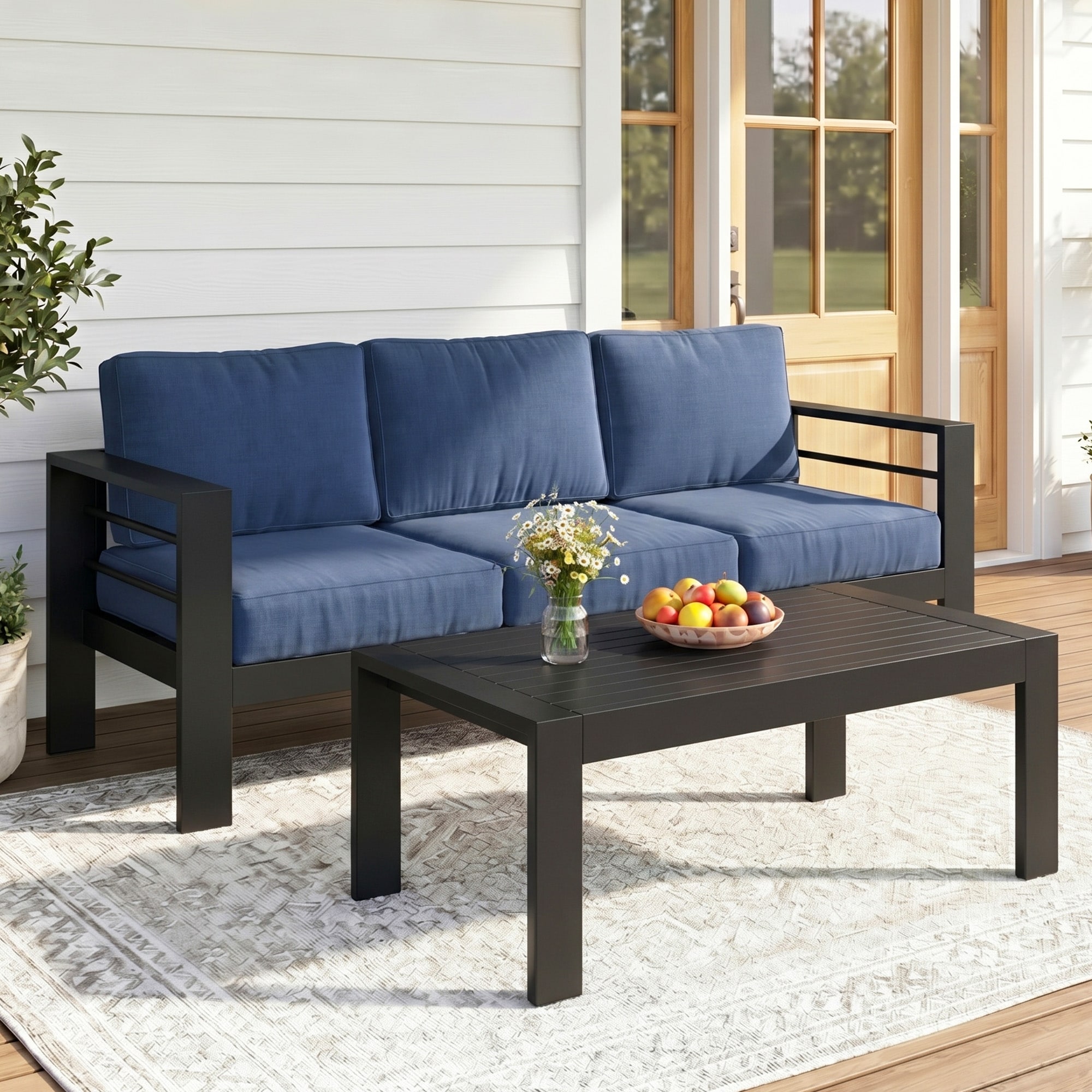 2-Piece Aluminum Outdoor Patio Sofa with Coffee Table
