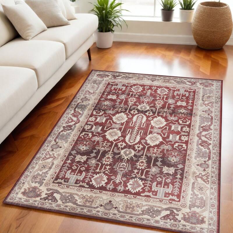 Lazod Power Loomed Distressed Non Skid Stain Resistant Low Pile Area Rug By HomeRoots - 84' X '60' X '0.2 - 84' X '60' X '0.2 - Red - Rectangle