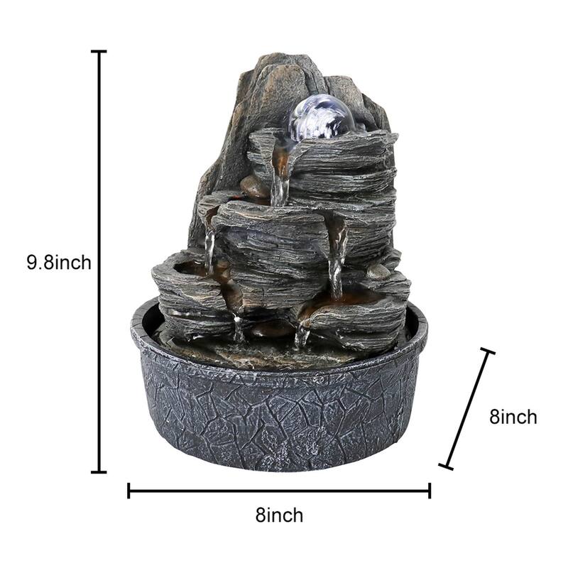 Cascading Rockery Water Fountain with LED Lights, Resin Water Feature