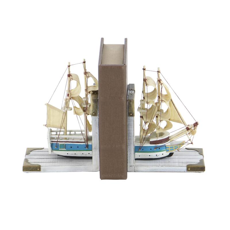 White Wood Sail Boat Decorative Bookends with Real Boat Rigging and Gold Corners (Set of 2)