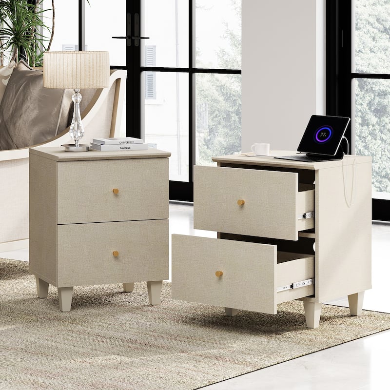 WAMPAT End Table with Charging Station and 2 Drawer for Living Room