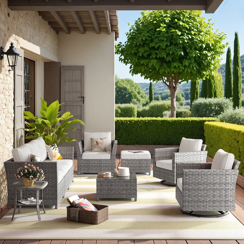 HOOOWOOO 9-piece Handwoven Wicker Patio Sectional Set with Swivel Rocking Chair - Beige