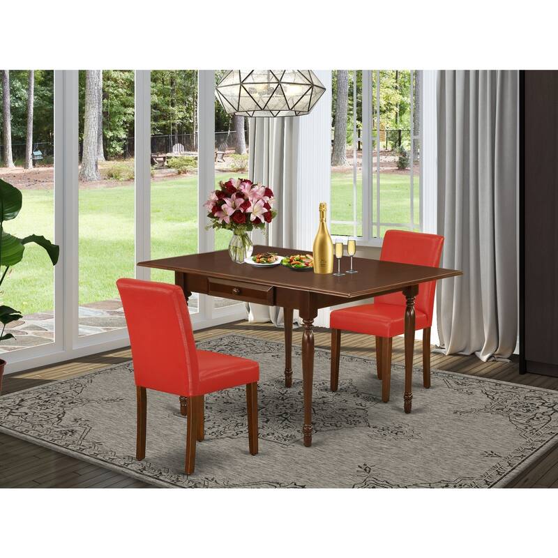 HomeStock 3-Pc Mahogany Finish Solid Wood Top with Dropleaf Dining Table Set for Small Spaces - Seats 2