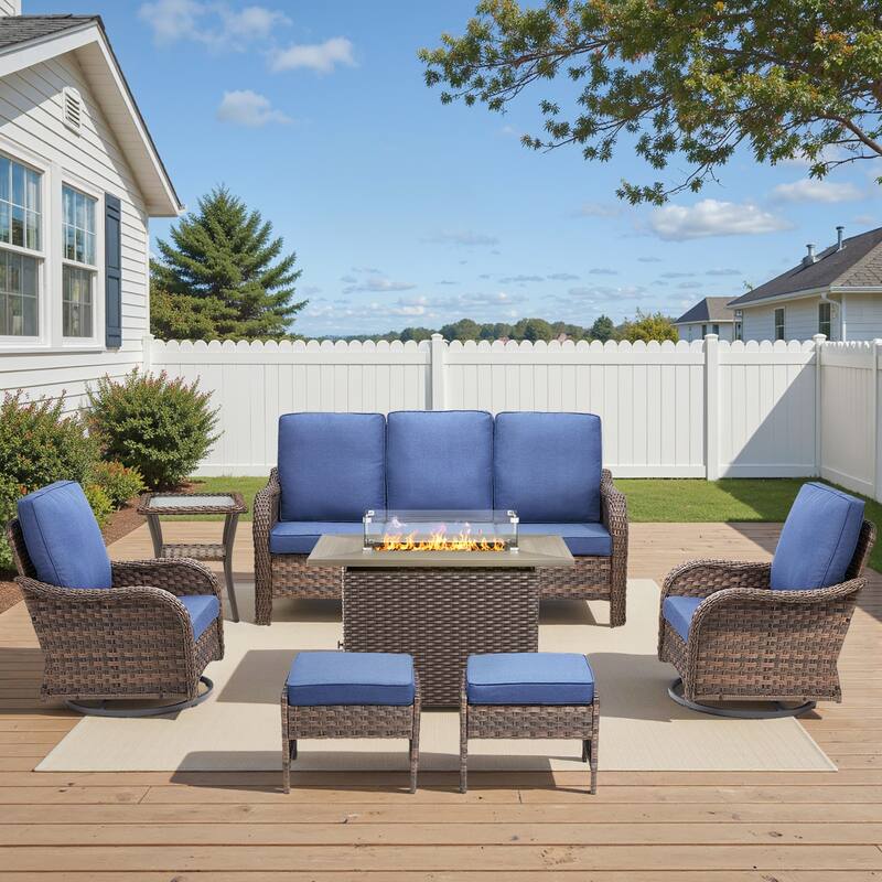 Pocassy Patio Funiture Sofa Swivel Chairs Ottoman with Fire Table Set - Blue Cushion - Brown Wicker - 7-Piece Sofa Swivel Chair Ottoman w/ Fire Table
