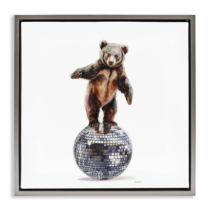 Stupell Bear Balancing on Disco Ball Framed Floater Canvas Wall Art Design By Amanda Greenwood - 18 x 18 - Grey