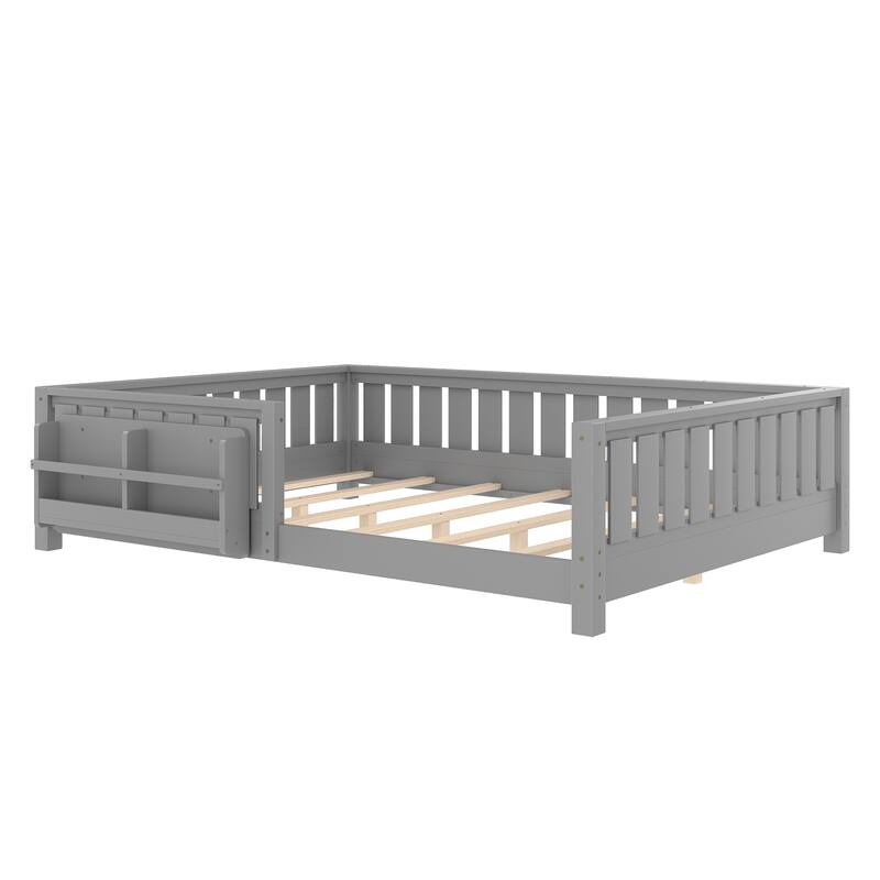 Montessori Floor Bed Low Profile Kids Bed with Rails & Bookshelf