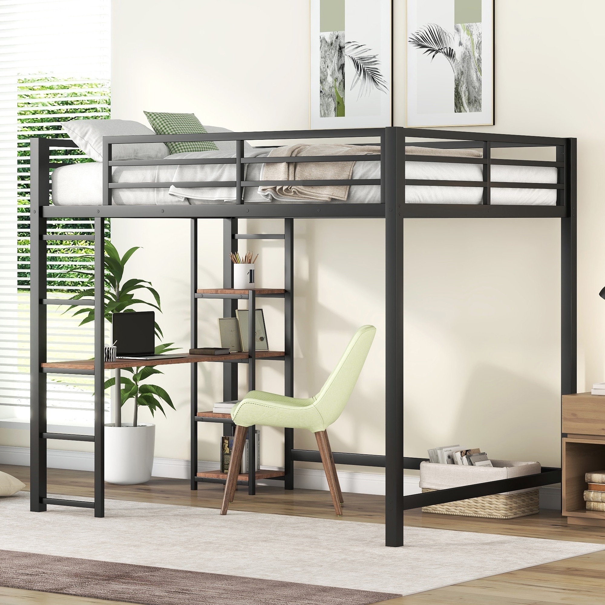 Metal loft bed with shelves best sale