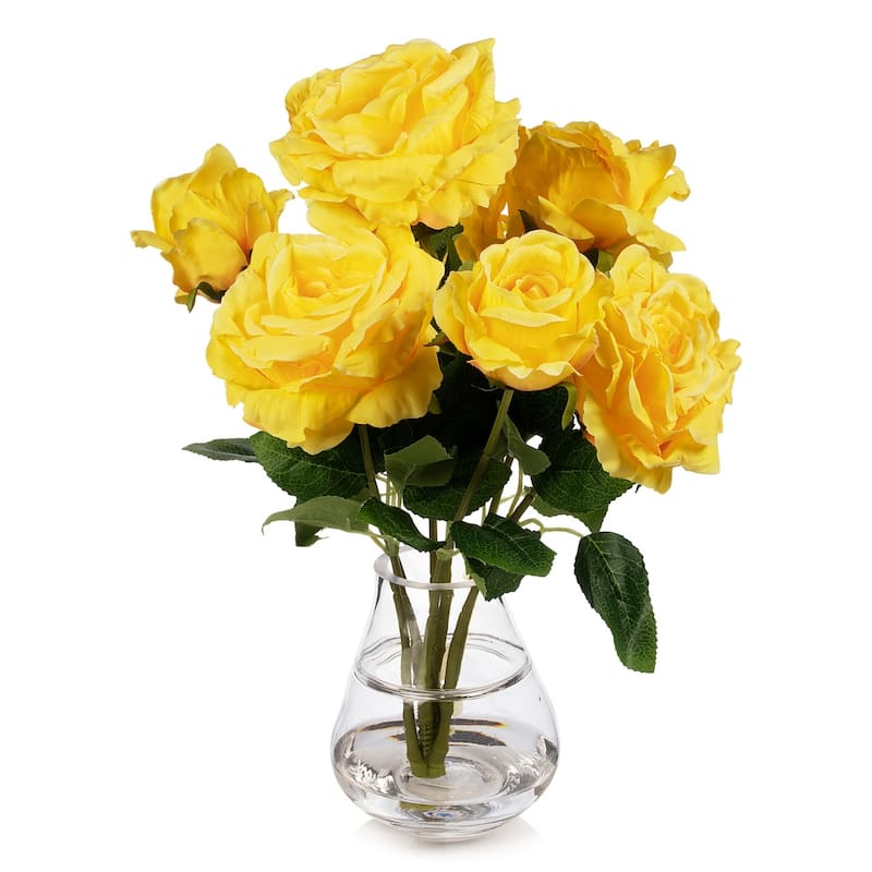 Enova Home 7 Head Artificial Silk Rose Flowers in Clear Glass Vase with Faux Water for Home Office Decoration - N/A