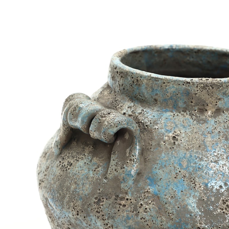 Antiqued Blue & Brown Terracotta Vase with Handles, Vintage Pottery