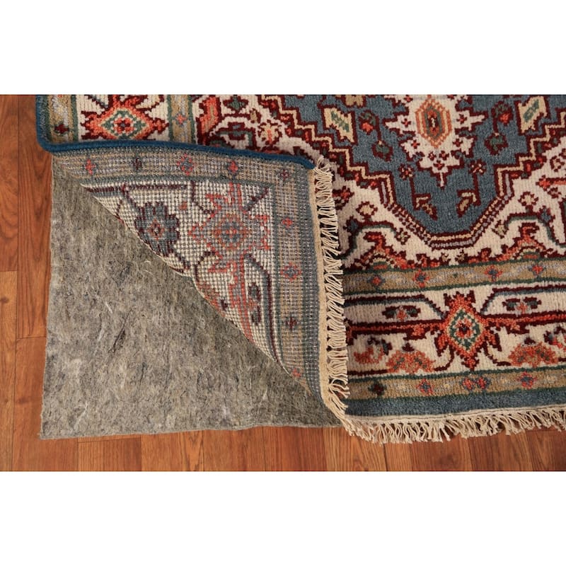 Blue Geometric Heriz Serapi Oriental Rug Hand-Knotted Wool Carpet - 4'0"x 6'1"
