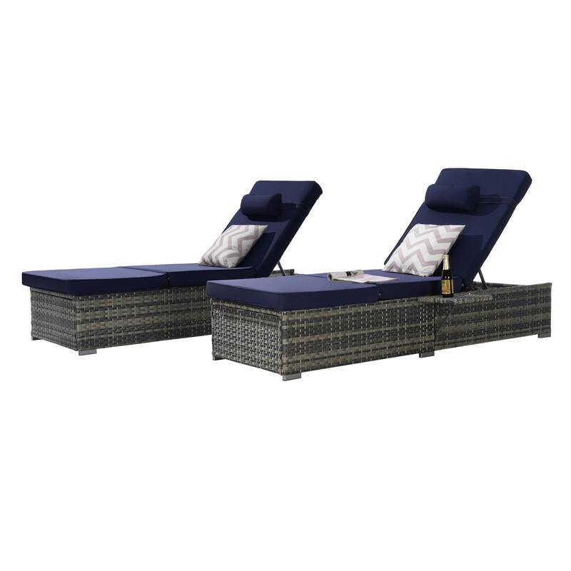 Outdoor Chaise Lounge Chair Set of 2 with Storage Patio Pool Chairs Tanning Lounges for Outside, Beach Rattan Recliners