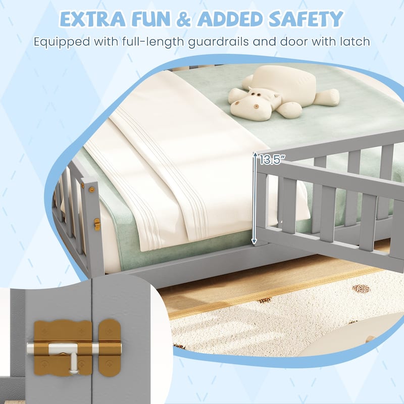Montessori Floor Bed Frame with Full-length Guardrails Safety Door and Plywood Slats