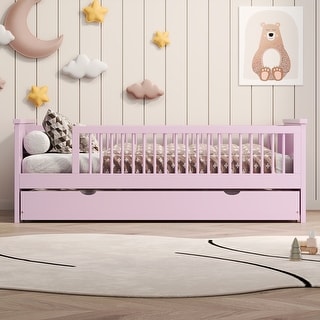 Solid Wood Twin Bed Frame,Twin Size Platform Bed with Trundle,Pink