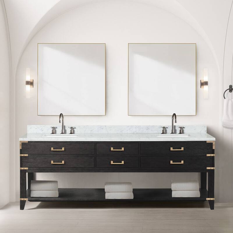 Lexora Norwalk Bath Vanity, Carrara Marble Top, Faucet Set, and Mirror
