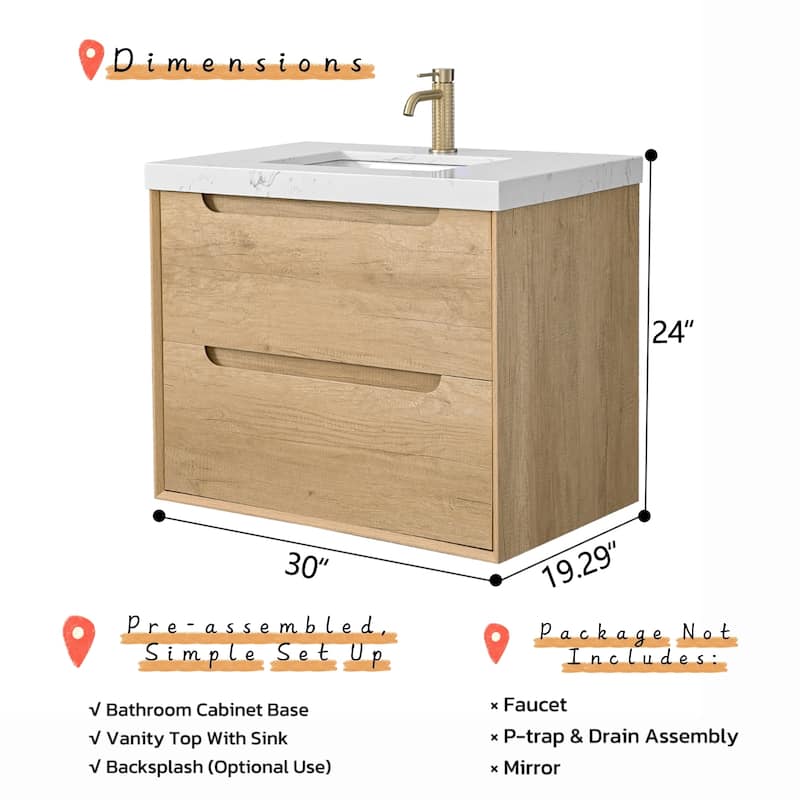 Prismis 24" 30" Wall-Mount Premium Bathroom Vanity with Upgraded Top